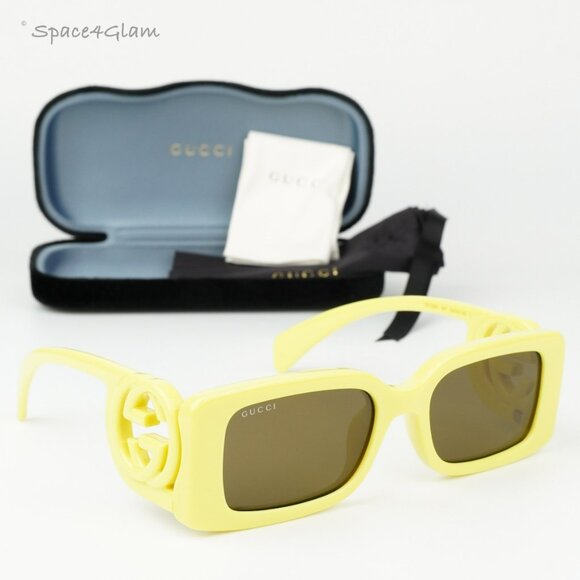 BRAND NEW Gucci GG1325S 007 Acid Yellow Brown Rectangle Unisex Sunglasses - Picture 3 of 9